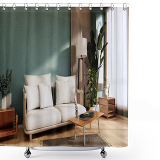 Personality  Mint Living Room Interior Design. 3D Rendering Shower Curtains