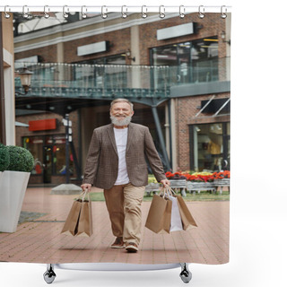 Personality  Happy Bearded Man Walking With Shopping Bags, Senior Life, Urban Street, Positive, Stylish Outfit Shower Curtains