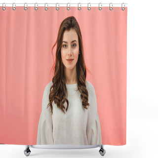 Personality  Smiling And Attractive Woman In White Sweater Looking At Camera Isolated On Pink Shower Curtains