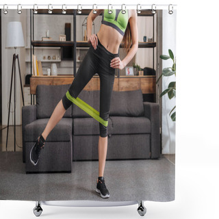 Personality  Partial View Of Sportswoman Training With Resistance Band At Home In Living Room Shower Curtains