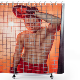 Personality  Handsome Boxer In Boxing Gloves Standing Near Wire Netting And Looking At Camera Shower Curtains