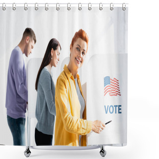 Personality  Smiling Woman Pointing With Pen On American Flag And Vote Inscription On Polling Booth On Blurred Background Shower Curtains