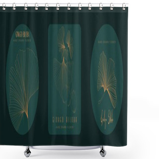 Personality  Ginkgo Biloba Leaves Spa Design. Set Of Golden Ginkgo Leaf By Hand Drawing On Black Backgrounds. Elements For Logo. Illustration In A Minimal Linear Style. Shower Curtains