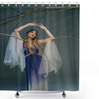 Personality  A Young Woman In A Blue And White Dress Stands Gracefully Next To A Tree In A Fairy And Fantasy-inspired Setting. Shower Curtains