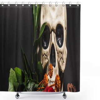 Personality  Orange Flower Near Creepy Skull And Dried Lotus Pod On Black, Banner Shower Curtains