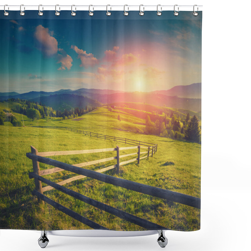 Personality  Carpathians mountain village meadow. Vintage colors shower curtains