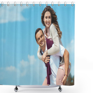 Personality  Cheerful Couple Piggybacking Together With Blue Cloudy Sky On Background Shower Curtains