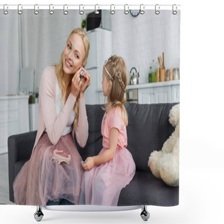 Personality  Smiling Woman Putting On Earring Near Daughter In Fairy Costume Shower Curtains