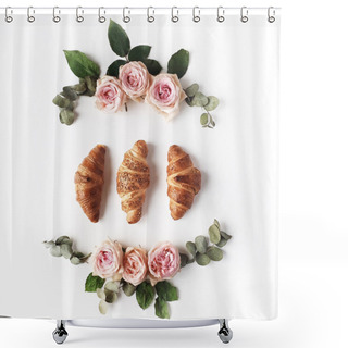 Personality  Breakfast With Croissants, Pink Rose Flowers Shower Curtains