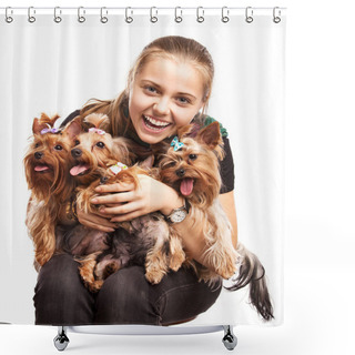 Personality  Cute Young Girl Holding Yorkshire Terrier Dogs On Her Lap Cute Young Girl Holding Yorkshire Terrier Dogs On Her Lap Shower Curtains