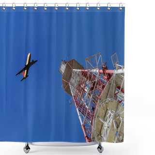 Personality  Telecommunications Tower Against Blue Sky, In Red And White Shower Curtains