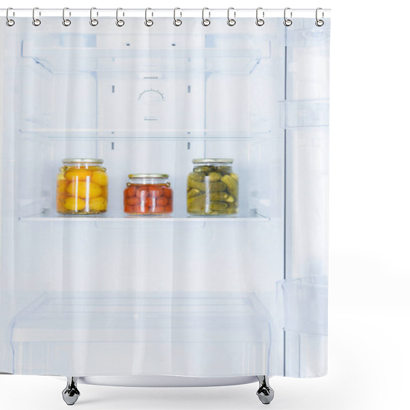 Personality  Preserved Vegetables In Three Glass Jars In Fridge Shower Curtains