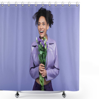 Personality  Happy Young African American Woman Holding Bouquet Of Flowers And Looking Away Isolated On Purple Shower Curtains