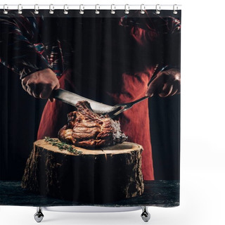 Personality  Cropped Shot Of Chef In Apron Holding Fork And Knife While Slicing Delicious Grilled Ribs On Wooden Stump Shower Curtains