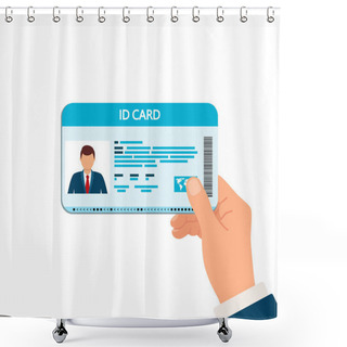 Personality  Hand Holding The ID Card. Personal Identity With Photo Of Business Man. Man Shows The Identification Card. Vector Shower Curtains