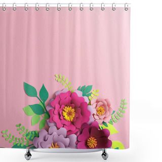 Personality  Top View Of Colorful Paper Flowers And Green Plants With Leaves On Pink Background Shower Curtains
