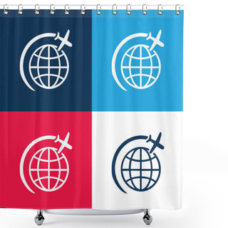 Personality  Airplane Flight In Circle Around Earth Blue And Red Four Color Minimal Icon Set Shower Curtains