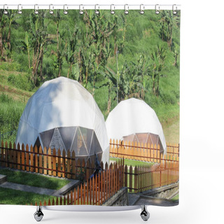 Personality  A Round White Tent Was Named Glamor Camping At The Most Beautiful Nature In Indonesia Shower Curtains