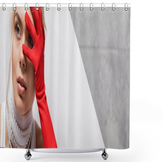 Personality  Panoramic Shot Of Stylish Woman In Red Glove Covering Face On White And Grey  Shower Curtains