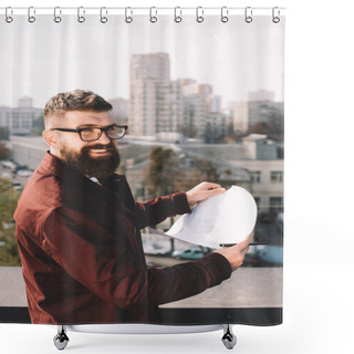 Personality  Smiling Adult Male Architect In Glasses Holding Blueprint On Rooftop With Beautiful View Shower Curtains