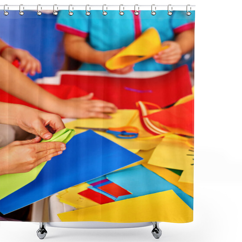 Personality  Kids Holding Colored Paper On Table Shower Curtains