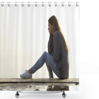 Personality  Side View Portrait Of A Sad Girl Looking Away Alone Sitting Outdoors Contemplating Horizon  Shower Curtains