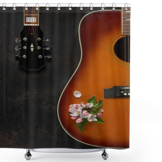 Personality  Acoustic Guitar And Apple Tree Flowers On Dark Brown Background Shower Curtains