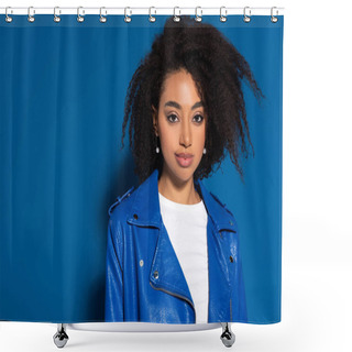 Personality  Smiling African American Woman Looking At Camera On Blue Background Shower Curtains