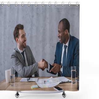 Personality  Multicultural Business Partners Shaking Hands At Working Table With Documents  Shower Curtains
