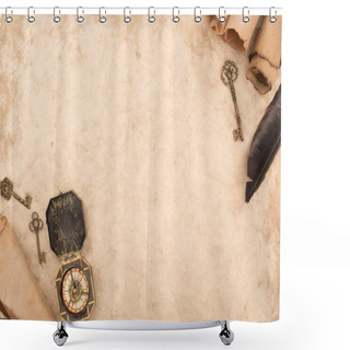 Personality  Top View Of Feather, Vintage Keys And Compass On Aged Paper Shower Curtains