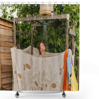 Personality  A Young Beautiful Pretty And Sexy Woman Is Having And Enjoying A Portable Shower In The Village, Outdoors Shower Curtains