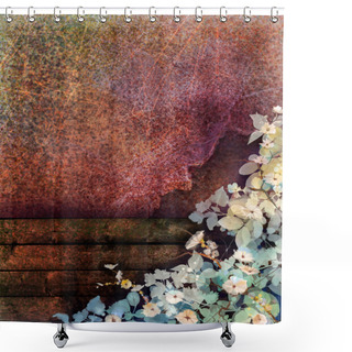 Personality  Abstract Flower Watercolor Painting. Hand Painted White, Yellow And Red Ivy Flowers And Leaf On Wall And Wood Fence Grunge Texture Background Shower Curtains