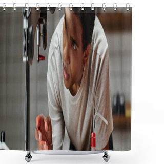 Personality  Banner Of Man Intently Adjusts An Enlarger In A Darkroom, Immersed In The Film Development Process Shower Curtains