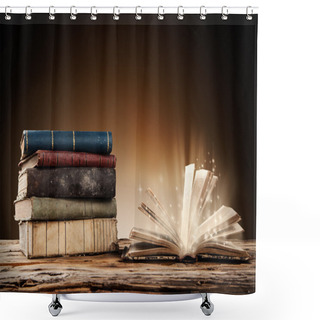 Personality  Old Books On Wooden Table Shower Curtains