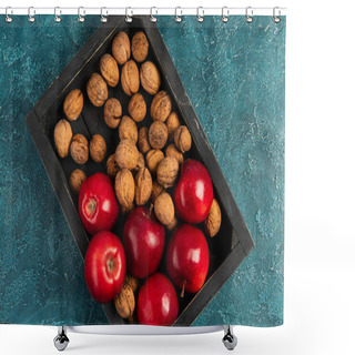 Personality  Red Ripe Apples And Whole Walnuts In Black Wooden Tray On Blue Textured Table, Thanksgiving Concept Shower Curtains