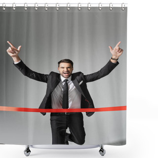 Personality  Successful Businessman Rejoicing And Showing Triumph Gesture Near Red Finish Ribbon On Grey Background Shower Curtains