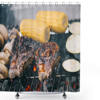 Personality  Selective Focus Of Tasty Steaks Grilling On Bbq Grid With Mushrooms, Corn And Sliced Eggplant Shower Curtains