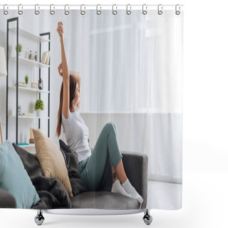 Personality  Selective Focus Of Young Dreamy Woman With Outstretched Hand Relaxing In Living Room  Shower Curtains
