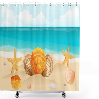 Personality  Vector Illustration Travel Postcard, Leaflet, The Beach, The Sea, The Composition Of Shells. Shower Curtains