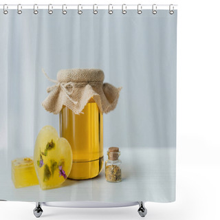 Personality  Jar With Honey Near Handmade Soap Bars And Herbs On Table On Grey Background  Shower Curtains