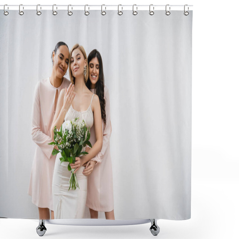 Personality  Special Occasion, Bridesmaids Hugging Bride, Friendship Goals, Grey Background, Happy Multicultural Girlfriends, Cultural Diversity, Bridal Bouquet, Bridal Party, Blonde And Brunette Women  Shower Curtains