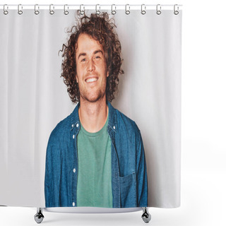 Personality  Handsome Good-looking Smiling Male Posing For Advertisement Wears Denim Shirt, Isolated On White Wall With Copy Space For Your Informational Text. People And Emotion Concept Shower Curtains