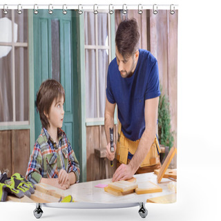Personality  Father And Son In Workshop Shower Curtains