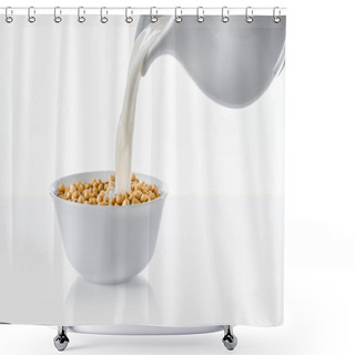 Personality  Pouring Milk From Jug In Bowl With Soybeans On White Background Shower Curtains