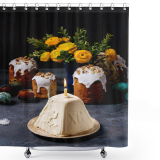 Personality  Traditional Russian Easter Cottage Cheese Dessert, Orthodox Paskha With Burning Candle Standing In Ceramic Plate On Dark Texture Table With Kulich Cakes, Flowers, Colored Eggs. Rustic Style. Shower Curtains