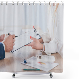 Personality  Cropped View Of Businesswoman Holding Clipboard And Man Signing Agreement Shower Curtains