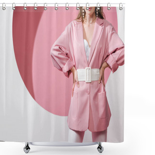 Personality  Cropped View Of Stylish Woman Standing With Hands On Hips On White And Pink  Shower Curtains