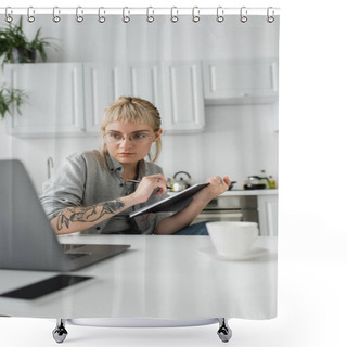 Personality  Young Woman With Tattoo On Hand And Bangs Holding Notebook, Taking Notes Near Smartphone And Laptop On White Table, Blurred Foreground, Work From Home  Shower Curtains