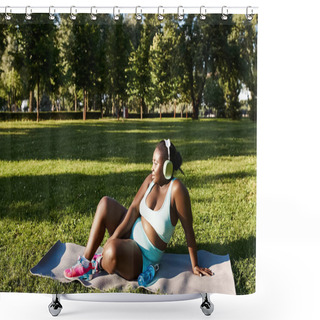 Personality  A Curvy African American Woman In Sportswear Peacefully Sits On A Towel In A Park, Taking A Moment To Rest And Admire Nature. Shower Curtains