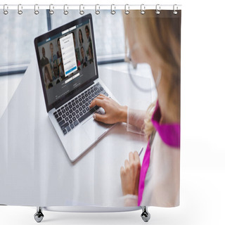 Personality  Woman Using Laptop With Linkedin Shower Curtains
